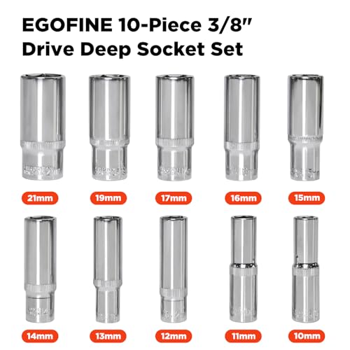 Egofine 10PCS 3/8” Drive Deep Socket Set,Metric Socket Set（10-21mm,6 Point Socket Set With Hanging Bracket,Cr-V Steel - size: 3/8, style: 10PC Deep Socket Set