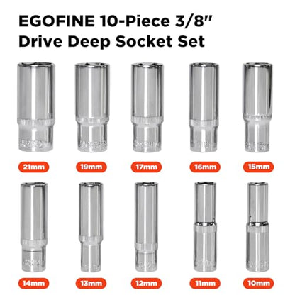 Egofine 10PCS 3/8” Drive Deep Socket Set,Metric Socket Set（10-21mm,6 Point Socket Set With Hanging Bracket,Cr-V Steel - size: 3/8, style: 10PC Deep Socket Set