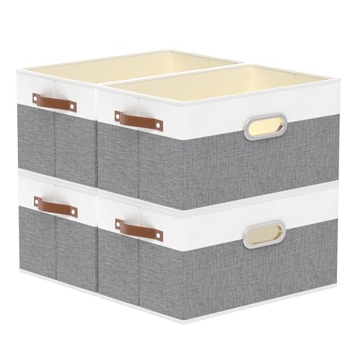Yawinhe Foldable Storage Baskets for Shelves, Fabric Closet Organizers, Bins with 3 Handles, Cubes for Clothes, White/Grey, 15''Lx9.8''Wx8.3''H, 4-Pack - color: White/Grey, size: 15.0x9.8x8.3inch(4-Pack)