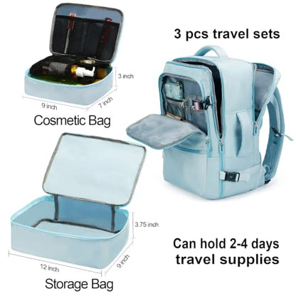 SHRRADOO Travel Backpack for Women & Men,Airline Approved Carry On Luggage,TSA Overnight Bags,40L Personal Item Travel Bag fits 17" Laptop,Carry on Bag with Storage Bag Cosmetic Bag Set 3pcs - color: Light Blue