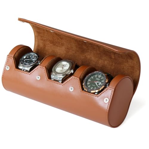 watch box organizer for mens watch case travel roll Portable 3 Watch Display Storage with Velvet Sections to Holder Large Watch (Light Brown) - color: Light Brown