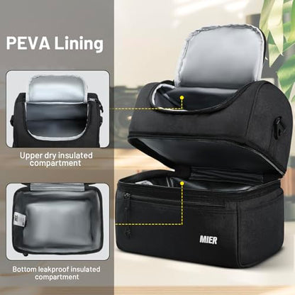 MIER Adult Lunch Box Insulated Lunch Bag Large Cooler Tote Bag for Men, Women, Double Deck Cooler(Black Large) - color: Black, size: Large