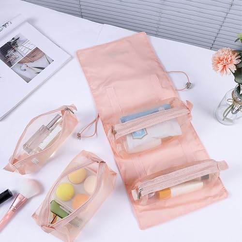 Yosoo Health Gear 4 in 1 Roll Up Make Up Hanging Toiletry Bag, Foldable Toiletry Bag with Detachable Pouches Washable Toiletry Bag, Cosmetic Storage with Handle for Women Travel Makeup Organizer