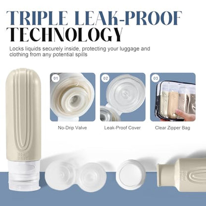 Travel Bottles for Toiletries, 3oz TSA Approved Travel Size Toiletries, Silicone Leak-Proof Refillable Containers, Squeezable Liquid Essentials Bottles W/Clear Bag (CREAM) - color: CREAM