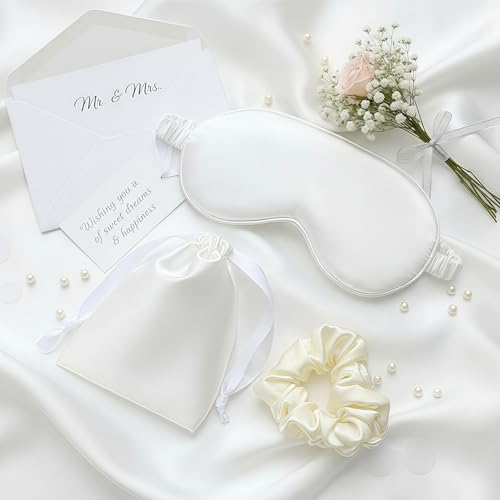 Silk Satin Sleeping Eye Mask, White Sleep Eye Night Blindfold for Women and Men, Soft Breathable Blackout Eyeshade Eye Cover for Travel, Wedding Bridesmaid Gift - color: White