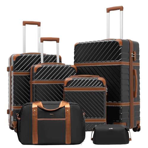 Coolife Luggage Set Suitcase Carry On Luggage PC Hardshell Luggage TSA Lock Spinner Wheels Telescopic Handle - color: Black, size: 6 piece set