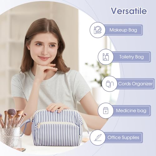 Narwey Striped Wide Open Makeup Bag Women, Travel Toiletry Bag for Women Cosmetic Bag Organizer Make up Bags with Compartments, Gift for Teen Girls (Greyish Blue Stripe) - color: ZY-Greyish Blue Stripe