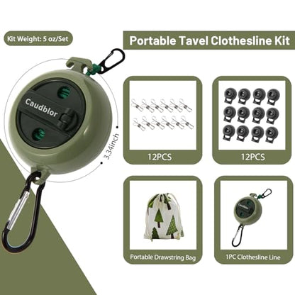 Portable Travel Clothesline Cord, Caudblor Adjustable 33ft Camping Clothes line, Laundry Drying Rope for Hotel Trip, Cruise, Outdoor/Indoor, with 12Pcs Stoppers, Windproof Clothespins - style: Deep Green