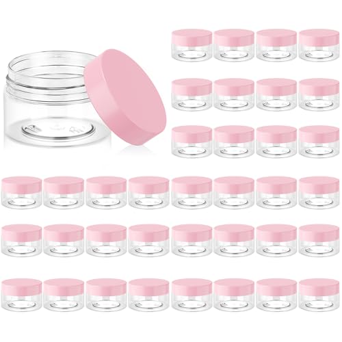Eternal Moment 36 Pack 1 OZ Plastic Jars Round Clear Cosmetic Container Jars with Pink Lids, Perfect for Lotion, Slime，Cream, Ointments, Makeup, Eye Shadow, Samples, Pot, Travel Storage - color: Pink Lid, size: 1 Ounce