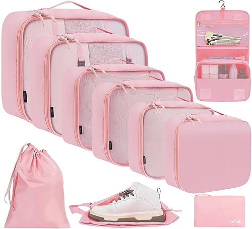 BAGAIL 6 Set/8 Set/10 Set Packing Cubes Various Sizes Packing Organizer for Travel Accessories Luggage Carry On Suitcase - color: 10-Pink, style: 10 Set-full Mesh