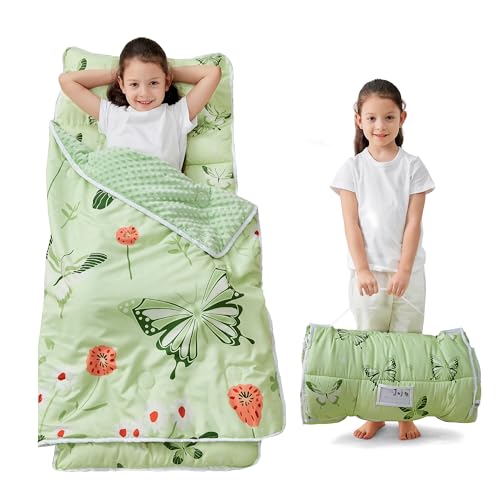 Lasoftan Toddler Nap Mat with Pillow and Blanket, Extra Large Rolled Napping Mats,Slumber Bags for Boys Girls,Kids Sleeping Bag for Daycare, Preschool Travel Camping - color: Green Butterfly