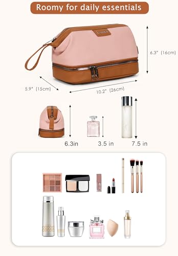 Double-Layer Toiletry Bag, Water-Resistant Hybrid Leather Cosmetic Organizer with Wet/Dry Compartments, 26x15x16cm, Pink - color: Pink