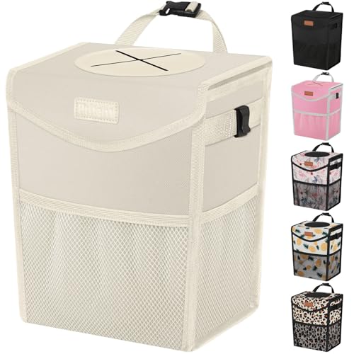 Pritent Car Trash Can with Lid, Cute Leakproof Car Trash Garbage Bag Hanging Vehicle Trash Bin Small Portable Automotive Garbage Cans Organizer for Back/Front Seat(Trapezoid,Ivory - color: Ivory, size: 2 Gallons