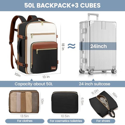 LOVEVOOK Travel Backpack For Women,50L Carry On Backpack Flight Approved,TSA Personal Item Travel Bag Fits 18 Inch Laptop,Business Weekender Overnight Daypack with Toiletry Bag and Cube,White brown - color: Black and White and Brown, size: 18 Inch-50L-4Pc