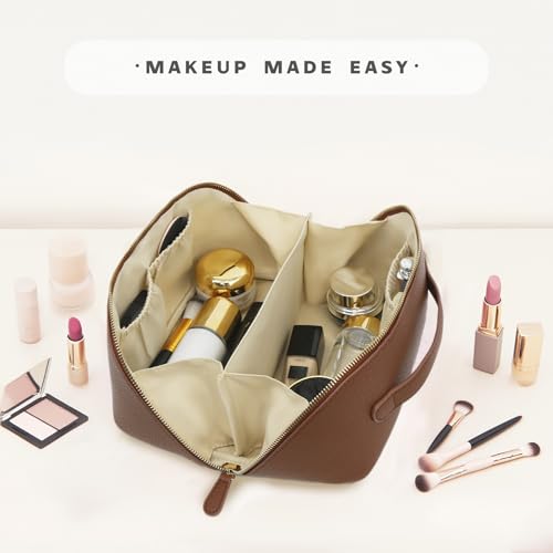 Travel Makeup Bag – Large Cosmetic Organizer with Waterproof PU Leather, Smooth Double Zipper & Tear-Resistant Lining, Toiletry Pouch for Women (Brown) - color: 01-Brown