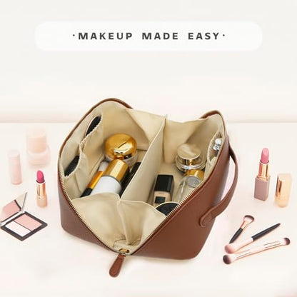 Travel Makeup Bag – Large Cosmetic Organizer with Waterproof PU Leather, Smooth Double Zipper & Tear-Resistant Lining, Toiletry Pouch for Women (Brown) - color: 01-Brown