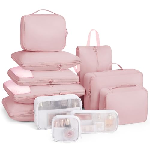 11-Piece Expandable Compression Packing Cubes, Travel Luggage Organizers Set for Suitcase, Lightweight Fabric Packing Bags for Travel Essentials Pink - color: Pink