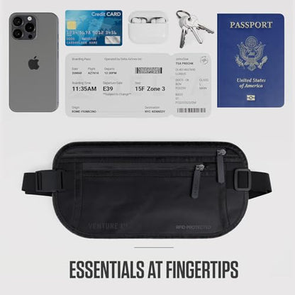 VENTURE 4TH Money Belt for Travel – Slim Hidden Under-Clothes RFID Blocking Anti-Theft Passport Holder & Travel Wallet Pouch for Men & Women to Protect Cash, Cards & Documents (Sleek Black) - color: Sleek Black