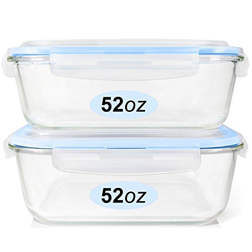 Glass Food Storage Containers Set, Large Size Containers with Lids, BPA-free Locking lids, 100% Leak Proof Glass Meal Prep Containers, Freezer to Oven Safe (2 Pack of 52oz) - color: 2 Pack of 52oz