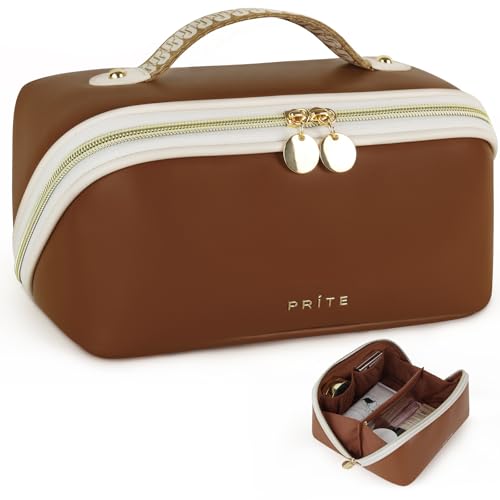 Prite Makeup Bag for Women Travel Waterproof Vegan Leather Cosmetic Bag Open Flat Toiletry Bag With Clear Divider and Handle (Dark Brown, Medium) - color: Dark Brown, size: Medium