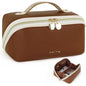Prite Makeup Bag for Women Travel Waterproof Vegan Leather Cosmetic Bag Open Flat Toiletry Bag With Clear Divider and Handle (Dark Brown, Medium) - color: Dark Brown, size: Medium