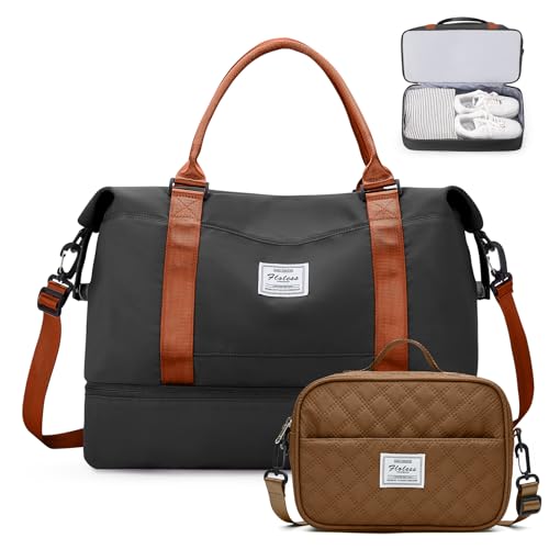 Weekender Bags for Women,Extra Large Travel Duffle Overnight Bag with Shoe Compartment,Personal Item Carry On Bag with Grid Toiletry Bag,Black & Brown - color: BlackBrown-2230, size: Extra Large