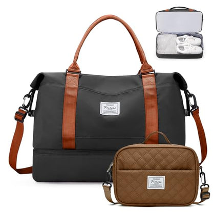 Weekender Bags for Women,Extra Large Travel Duffle Overnight Bag with Shoe Compartment,Personal Item Carry On Bag with Grid Toiletry Bag,Black & Brown - color: BlackBrown-2230, size: Extra Large