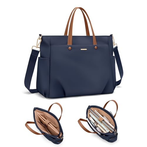 15 Inch Laptop Tote Bag for Women, Lightweight Nylon Work Shoulder Bag, Water-Resistant Computer Handbag with Pockets for Business Travel & Commute (Navy Blue) - color: Navy Blue, size: 15 Inch
