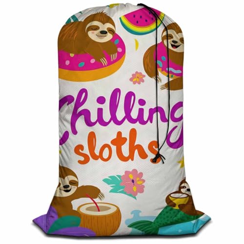 Swono Adorable Sloth Drawstring Portable Large Capacity Laundry Bags Animal Enjoy Summer Vacation Palm Leaf Travel Storage Bags for Apartments, Vacations, Home - color: Adorable Sloth