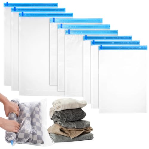 HEMOTON 9 Pcs Roll up Vacuum Compression Bags Space Saver Storage Bags for Clothing Travel Manual Seal Set with 3 Small (35x50cm) 3 Medium (40x50cm) 3 Large (40x60cm)