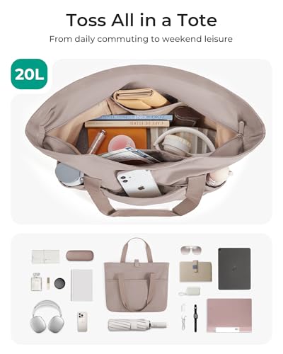 BAGSMART Tote Bag for Women, Foldable Tote Bag With Zipper Travel Shoulder Bag Handbag for Work - color: Grayish Brown-16.5''l X 6''wx 14''h