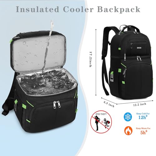 Insulated Cooler Backpack,Double Deck Leakproof Cooler Bag,Insulated Backpack Cooler Lunch Backpack for Men Women - color: Green+Black