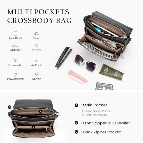 befen Genuine Leather Crossbody Bags for Women Medium Purse with Built in RFID Wallet Womens Soft Cross Body Purse - color: Black