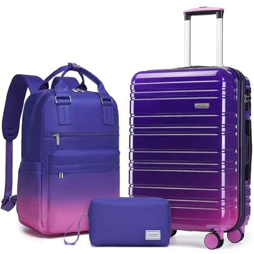 LARVENDER Carry on Luggage 22x14x9 Airline Approved Hardshell Suitcase with Wheels TSA Lock, PC+ABS Lightweight Suitcase Set for Women with Travel Backpack, Midnight Berry, 3 Piece Set - color: Midnight Berry-20BP, size: 3 Piece Set (Backpack/TB/20)