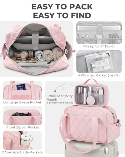 Percover Weekender Bag for Women, Ultra Lightweight Travel Duffle, Carry On Personal Item Overnight Bag with Toiletry Pouch & Compartments, Quilted Gym & Travel Bag, Blush Pink - color: Blush Pink