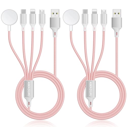 2Pack Multi Charging Cable for Apple Watch Charger 4 in 1 Travel Essentials RV Camping Essentials USB C/L/Micro Compatible with iWatch Series 11-1/iPhone 17/16/15/Android Airplane Gadgets-4FT/Pink - color: Pink, size: 4FT+4FT
