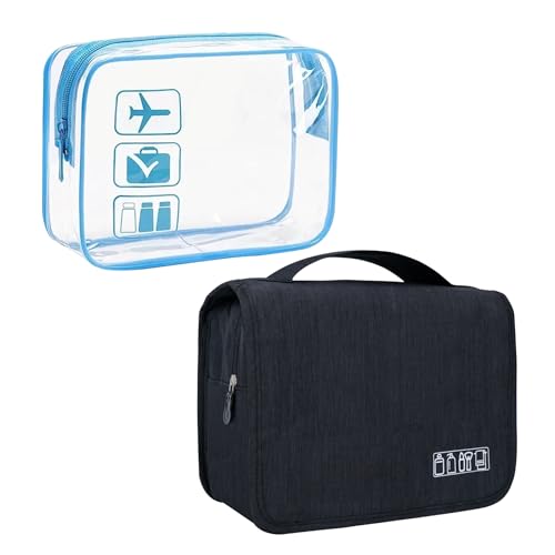 Lcsmaokin Large Capacity Toiletry Bag Travel Bag with Hanging Hook for Men and Women Waterproof Travel Cosmetic Bag Bathroom Bag,with TSA Approved Zippers Clear Travel Makeup Bag Carry-on - color: A-Black+Clear Blue