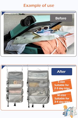 TABITORA Travel Luggage Organizer insert Hanging Packing Cubes for Suitcase Carry on Closet Hanging Shelves Folding(Grey,M) - color: Grey, size: Medium