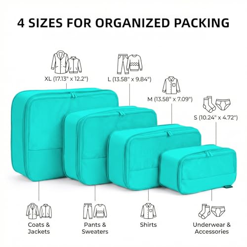 4 Piece Compression Packing Cubes for 3–7 Day Travel, Space Saving Travel Organizers with Breathable Mesh, Double-Zipper Packing Cubes for Carry-On & Suitcases (Teal) - color: Teal