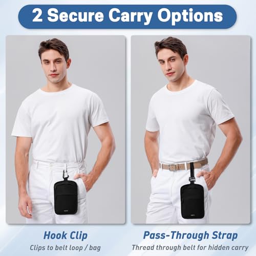 Hidden Travel Wallet Belt Wallet – Large Capacity Passport Holder & Hidden Money Pouch, 3-Zone Organizer Anti-Theft Waist Wallet with Dual Clip Belt & Carabiner - color: Black
