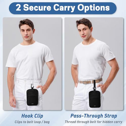 Hidden Travel Wallet Belt Wallet – Large Capacity Passport Holder & Hidden Money Pouch, 3-Zone Organizer Anti-Theft Waist Wallet with Dual Clip Belt & Carabiner - color: Black