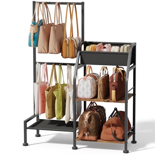 Homsorout Purse Organizer for Closet - Purse Rack Stand with 12 Hooks, 2 Wooden Shelves Purse Storage for Closet, Large Capacity Backpack Storage, Handbag Organizer for Home, Living Room, Black - color: Black