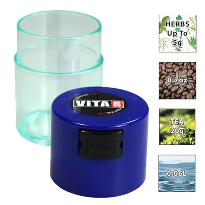 Vitavac - 5g to 20 grams Airtight Multi-Use Vacuum Seal Portable Storage Container for Dry Goods, Food, and Herbs - Dark Blue Clear - color: Dark Blue