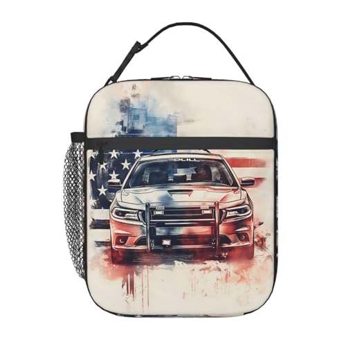 Insulated Lunch Box for Kids Boys Girls, Reusable Lunch Bag for School, Office, Work, Picnic, Travel, American Flag and Police Car Lunch Box - color: lunch box 91