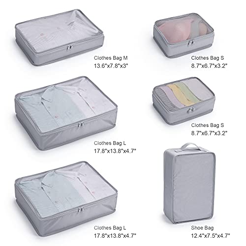 Mossio 6 Set Packing Cubes with Shoe Bag - Lightweight Travel Luggage Suitcase Organizers - color: Grey