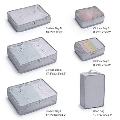 Mossio 6 Set Packing Cubes with Shoe Bag - Lightweight Travel Luggage Suitcase Organizers - color: Grey
