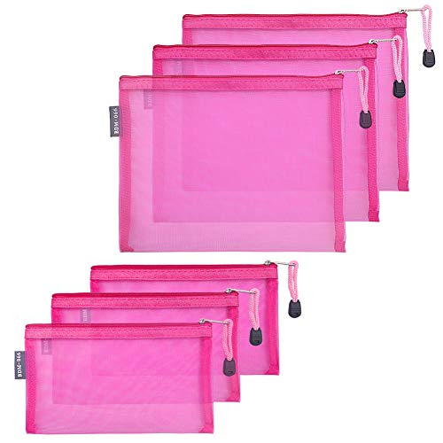 HRX Package Nylon Mesh Makeup Bags with Zipper, 6PCS Cosmetic Pouches Travel Organizer Case Hot Pink for Purse Diaper Bag (A5 x 3pcs, A6 x 3pcs) - color: Hot Pink, size: A5, A6