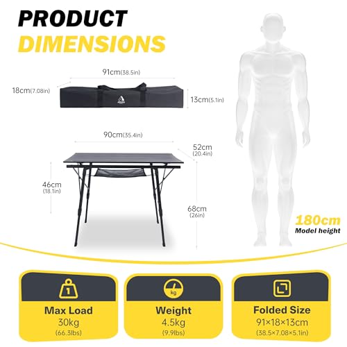 Portable Camping Table with Adjustable Hight Legs, Lightweight Aluminum Folding Beach Table with Mesh Net,Carrying Bag for Outdoor Cooking, Picnic, Beach, Backyards, BBQ and Party - color: Black-90cm