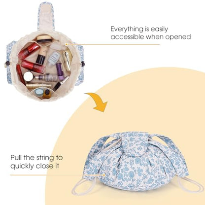 Narwey Lay Flat Open Drawstring Makeup Bag, Large Floral Cosmetic Bag for Women Girls, Cute Make up Bags with Handle, Travel Toiletry Bag for Skincare, Brushes & Travel Essentials (Blue Flower) - color: Y-Blue Flower
