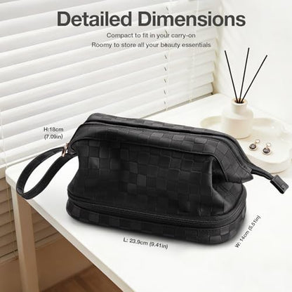 Abiudeng Large Capacity Makeup Bag Ladies Cosmetic Bag Travel Bag with Compartments Portable PU Leather Travel Makeup Bag with Handle - color: Checkerboard-Black